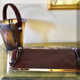 S01. Reed & Barton silverplate ice bucket with leather handle and matching silverplate tray with leather handles. Bucket: 9”h Tray: 17” x 13” - $48